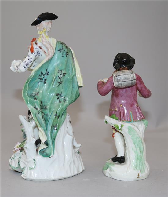 A Derby figure of a gentleman and a Samson figure of a street vendor, 21cm and 16.5cm, faults